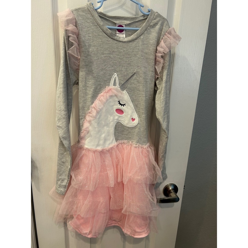 Dollie & Me Girls Gray Pink Unicorn Tulle Tutu Dress Long‎ Sleeve Size 14 k7000